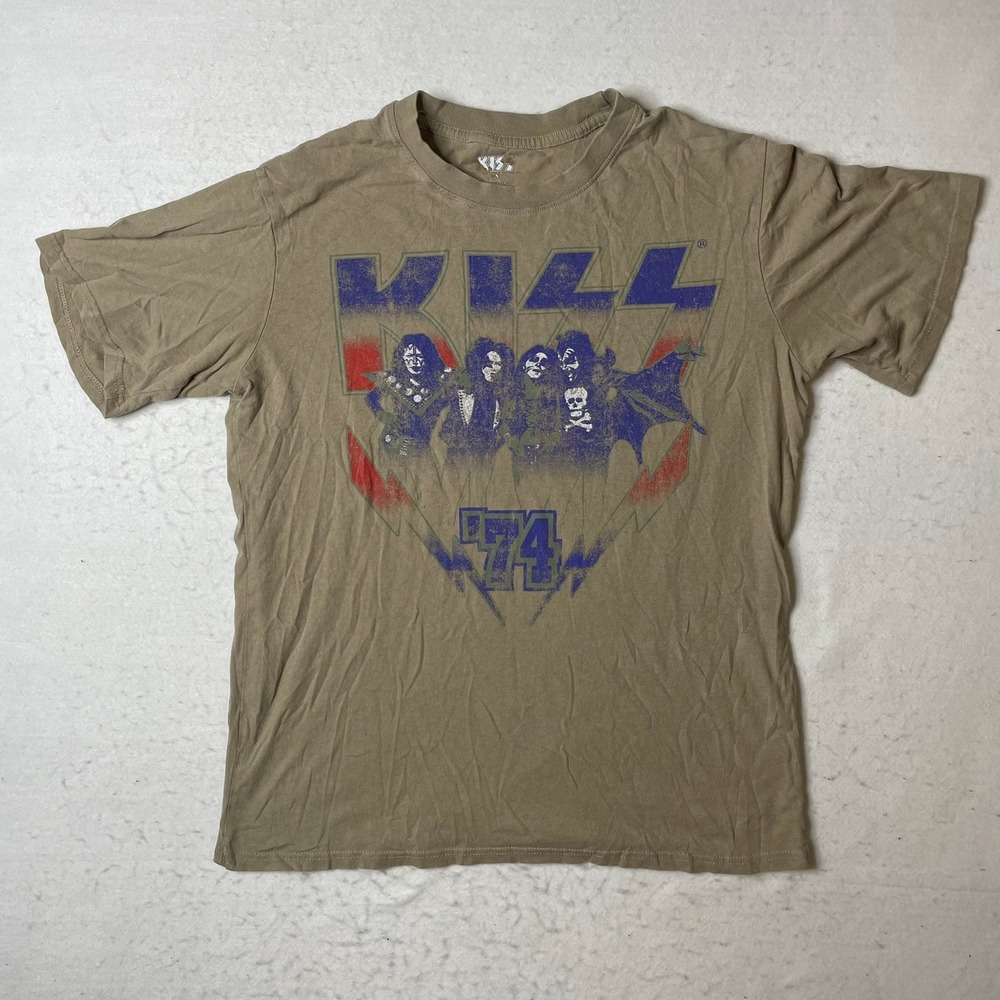 KISS 74 Band T Shirt Mens Medium Tan Graphic Tee Rock Music Tour‎